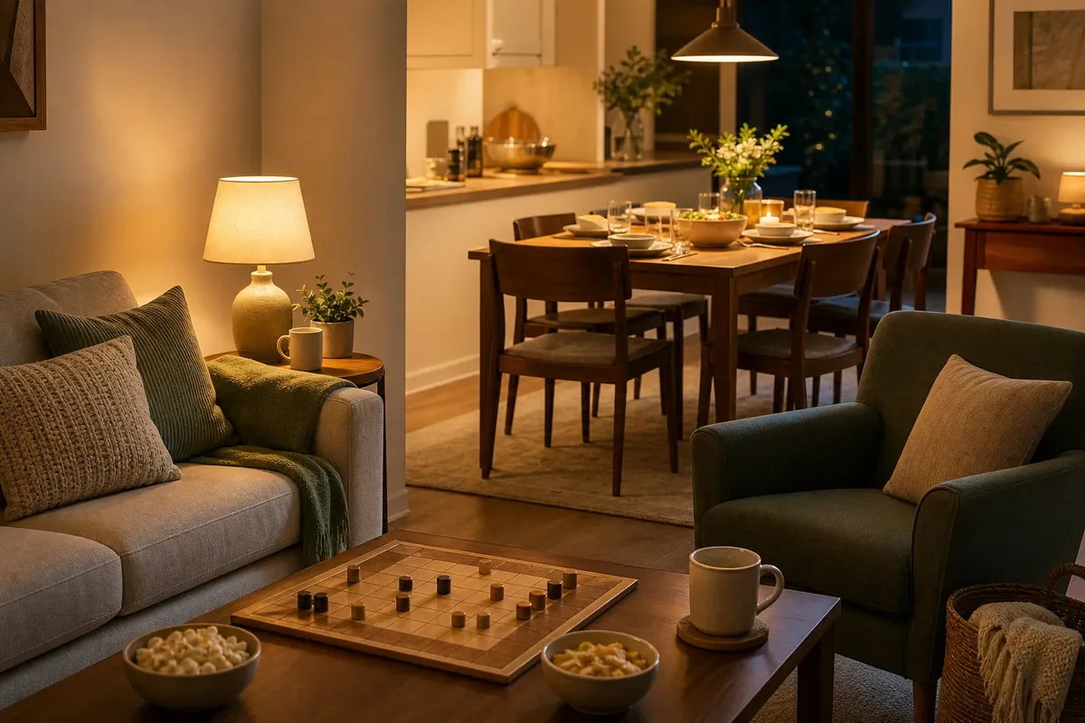 Warmly lit living and dining area with wooden furniture, chess board, snacks, and cozy cushions