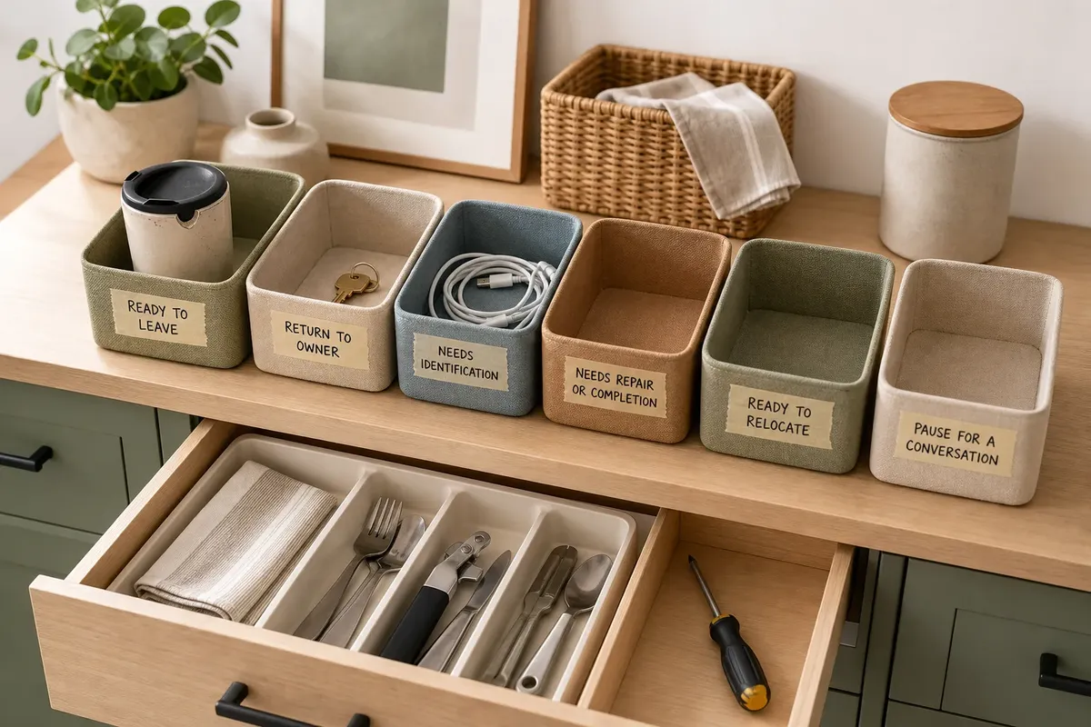Organized fabric bins labeled for sorting items sitting on wooden cabinet with open drawer holding silverware and a screwdriver