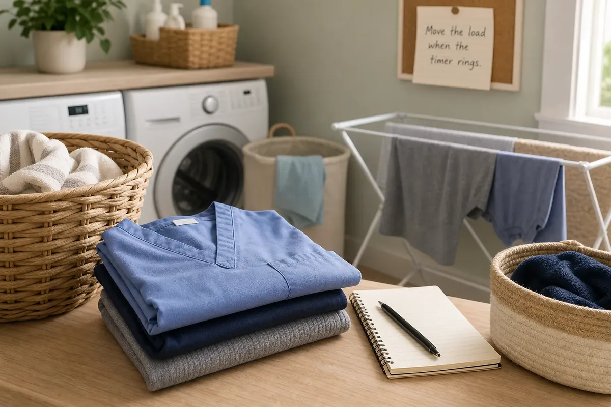 Folded blue and gray clothes on a wooden table with laundry baskets and drying rack in a bright laundry room