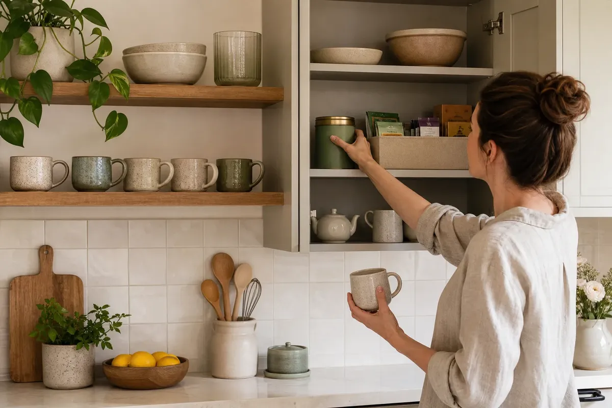 Woman placing a green container in an open kitchen cupboard with ceramic mugs and plants nearby