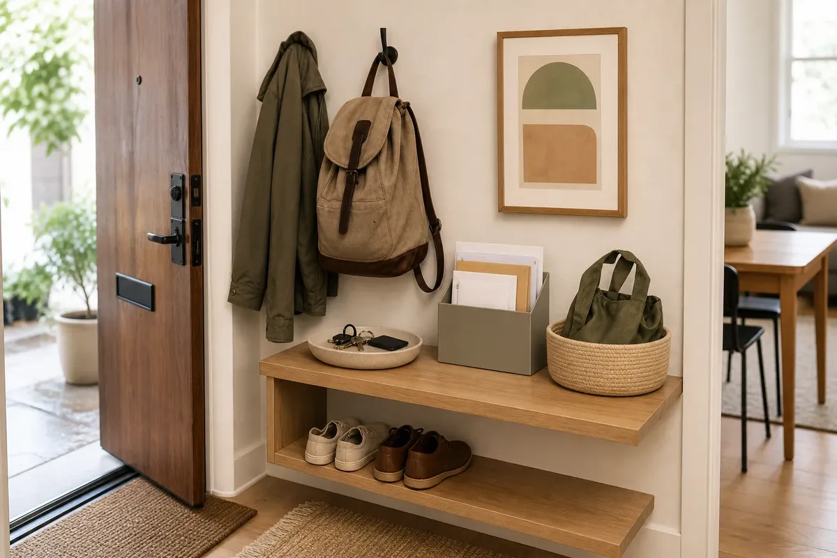 Entryway with open wooden door, coat and backpack hanging on wall hooks, shelves holding shoes, keys, mail organizer, and woven basket with bag