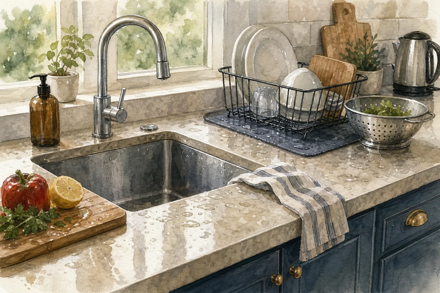 Kitchen sink area with wet stone countertop, drying rack with dishes, and fresh produce on cutting board