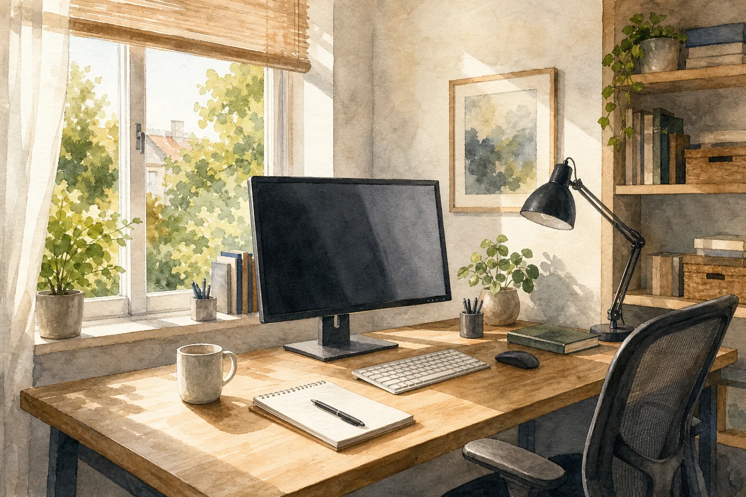 Sunlit wooden desk with computer monitor, keyboard, mouse, notebook, lamp, and indoor plants