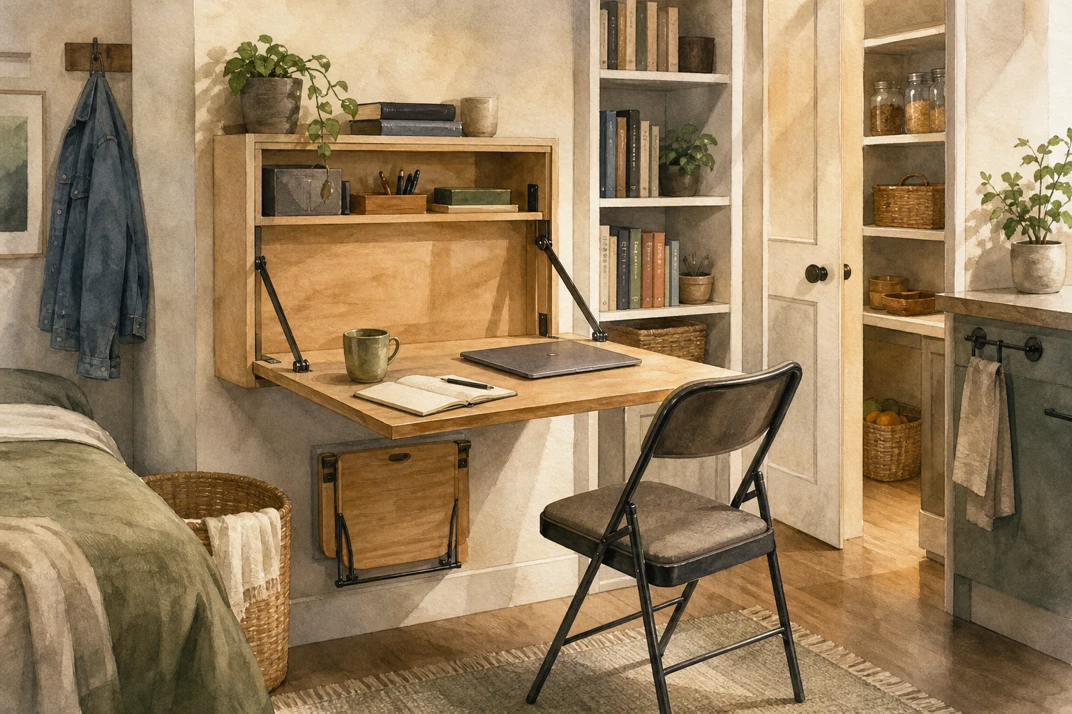 Fold-down wooden table with laptop, notebook, and coffee cup in a cozy room with chair, bed, and shelving