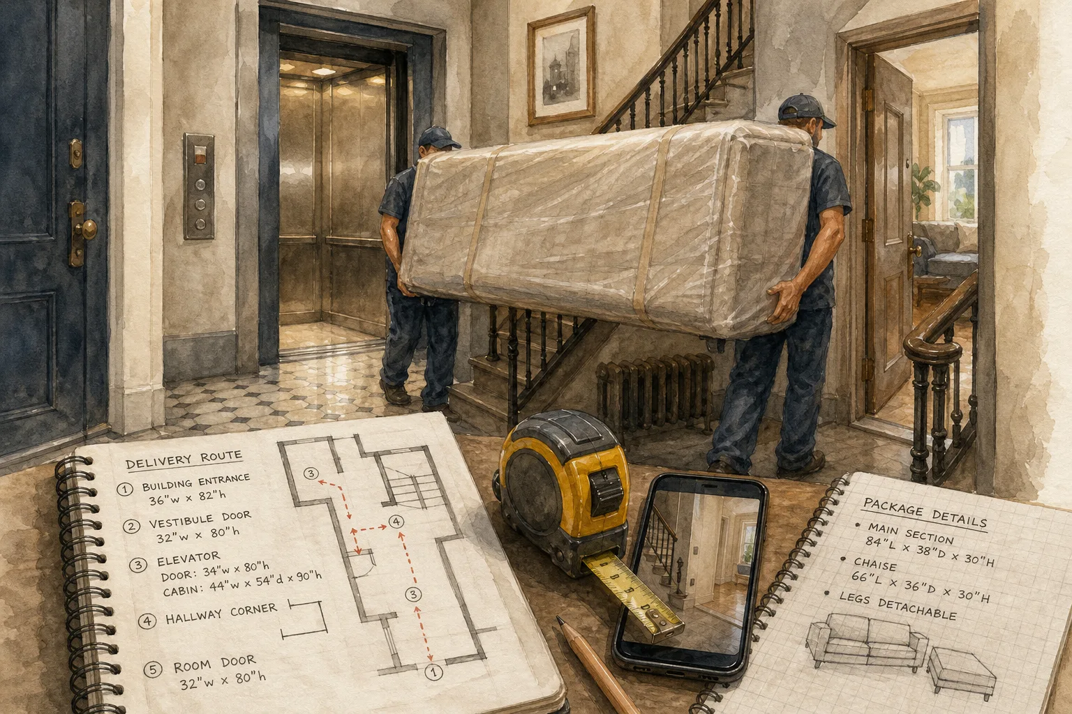 Two movers carrying a large wrapped sofa through a narrow hallway near an elevator with notebooks, tape measure, and smartphone on a table