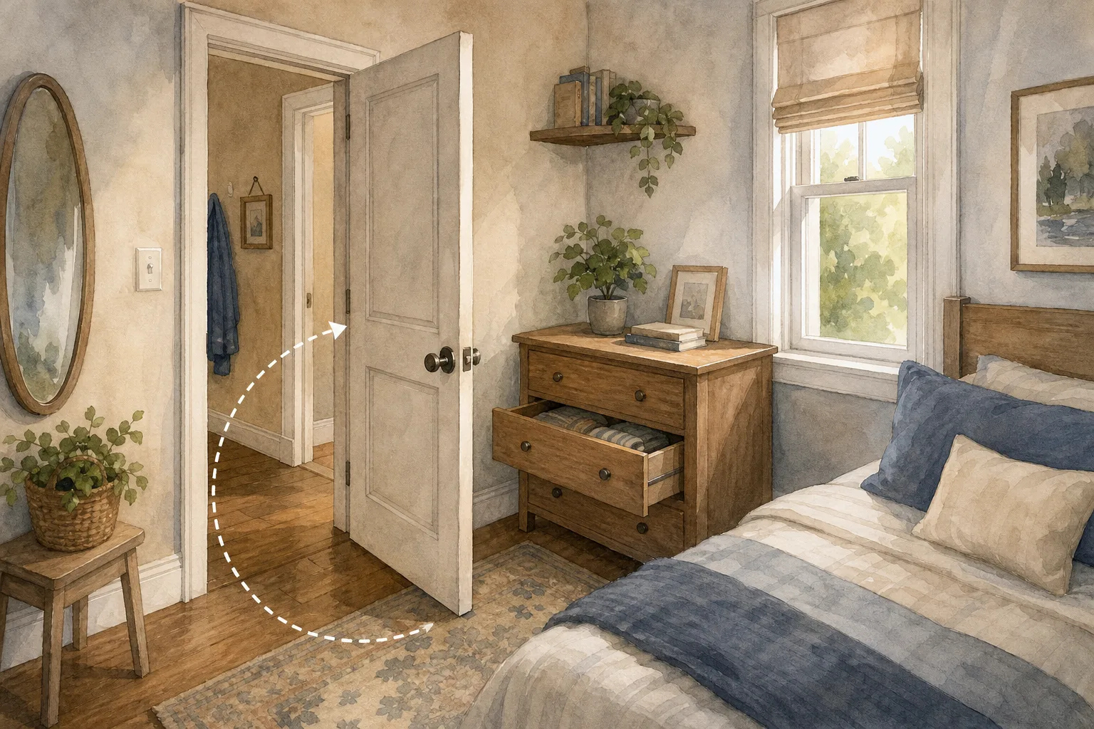 Cozy bedroom with open white door, wooden dresser, bed with blue and beige bedding, and sunlight through window